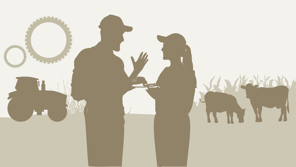 Motiv Frau Mann Gespräch Traktor Kühe Motiv Frau Mann Gespräch Traktor Kühe